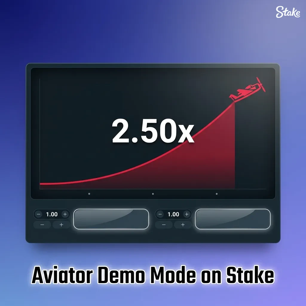 Screenshot of Stake’s Aviator demo mode showing red plane, rising multiplier, and betting controls with virtual balance