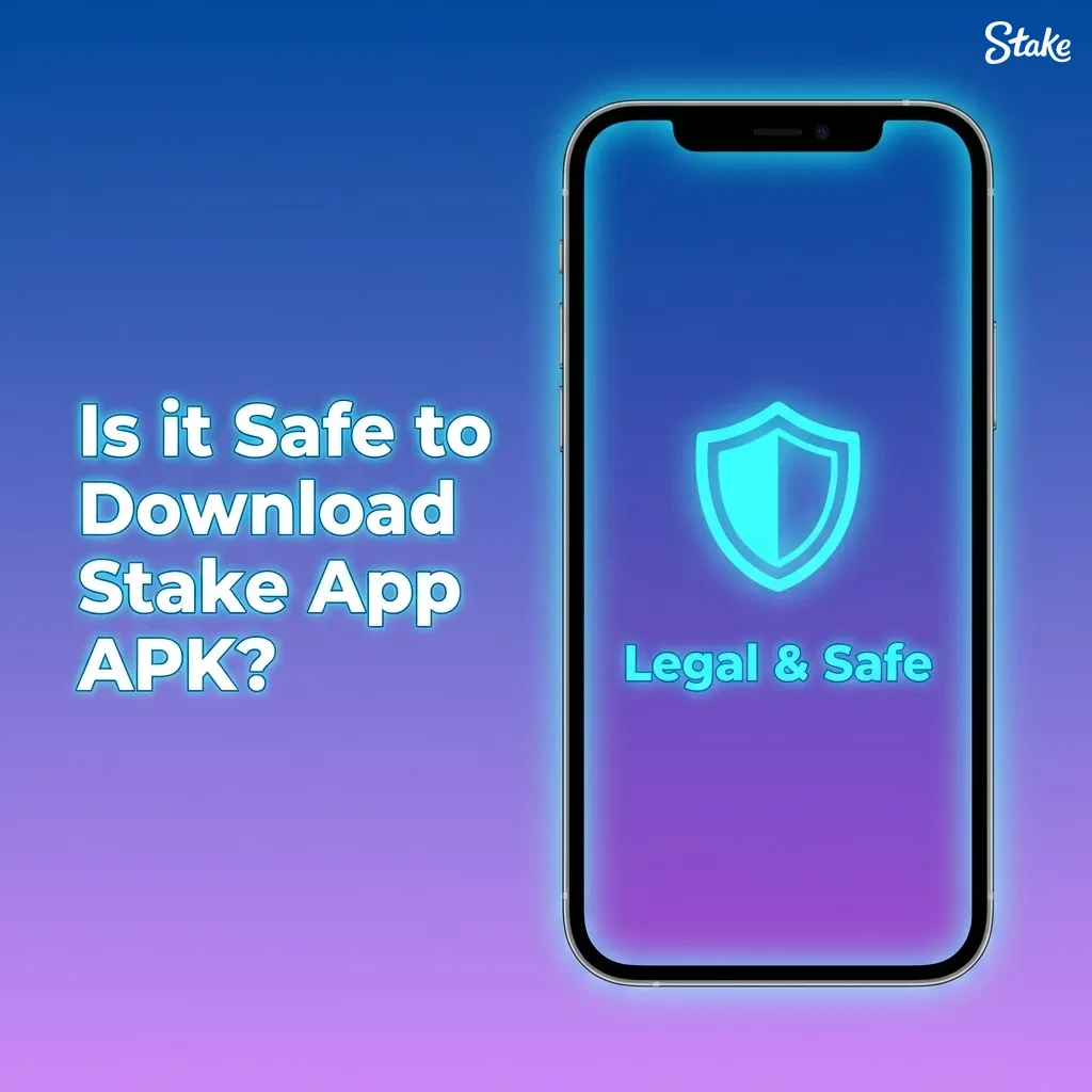 Graphic promoting safe official Stake app APK download with Curaçao eGaming licence and SSL-encrypted betting security