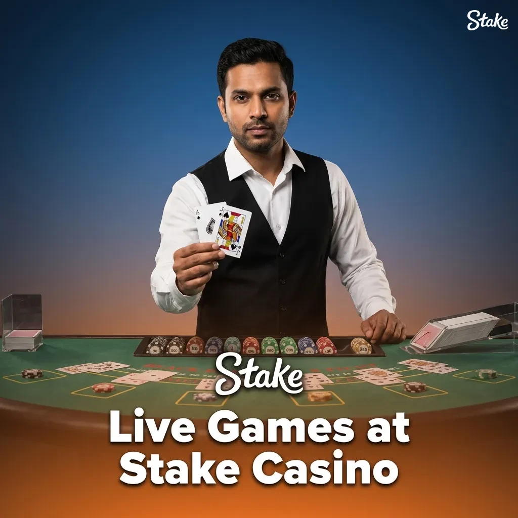 Stake live casino lobby showing roulette, blackjack, baccarat, poker and Indian game tables with real dealers