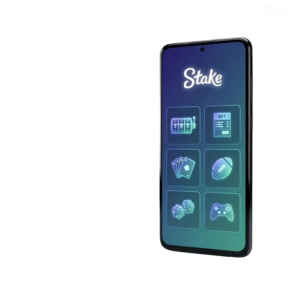 Stake Android app screen on a smartphone showing sports betting, casino games, and navigation tabs for India users