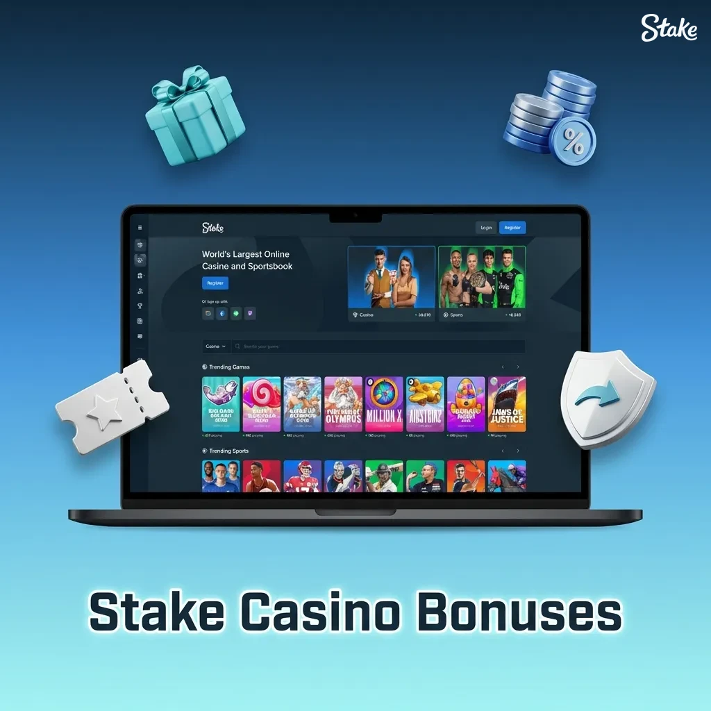 Graphic showing Stake Casino India bonuses: 200% first deposit, free spins, reload offers, and live casino cashback