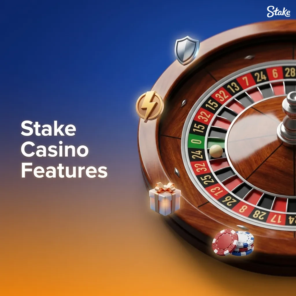 Illustration of Stake casino India features: INR payment methods, mobile app, RTP info, 24/7 support and safety tools