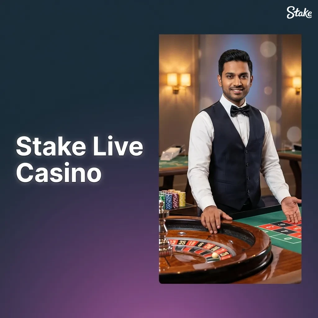 Stake live casino interface with HD video dealer streaming card games and roulette to desktop and mobile.