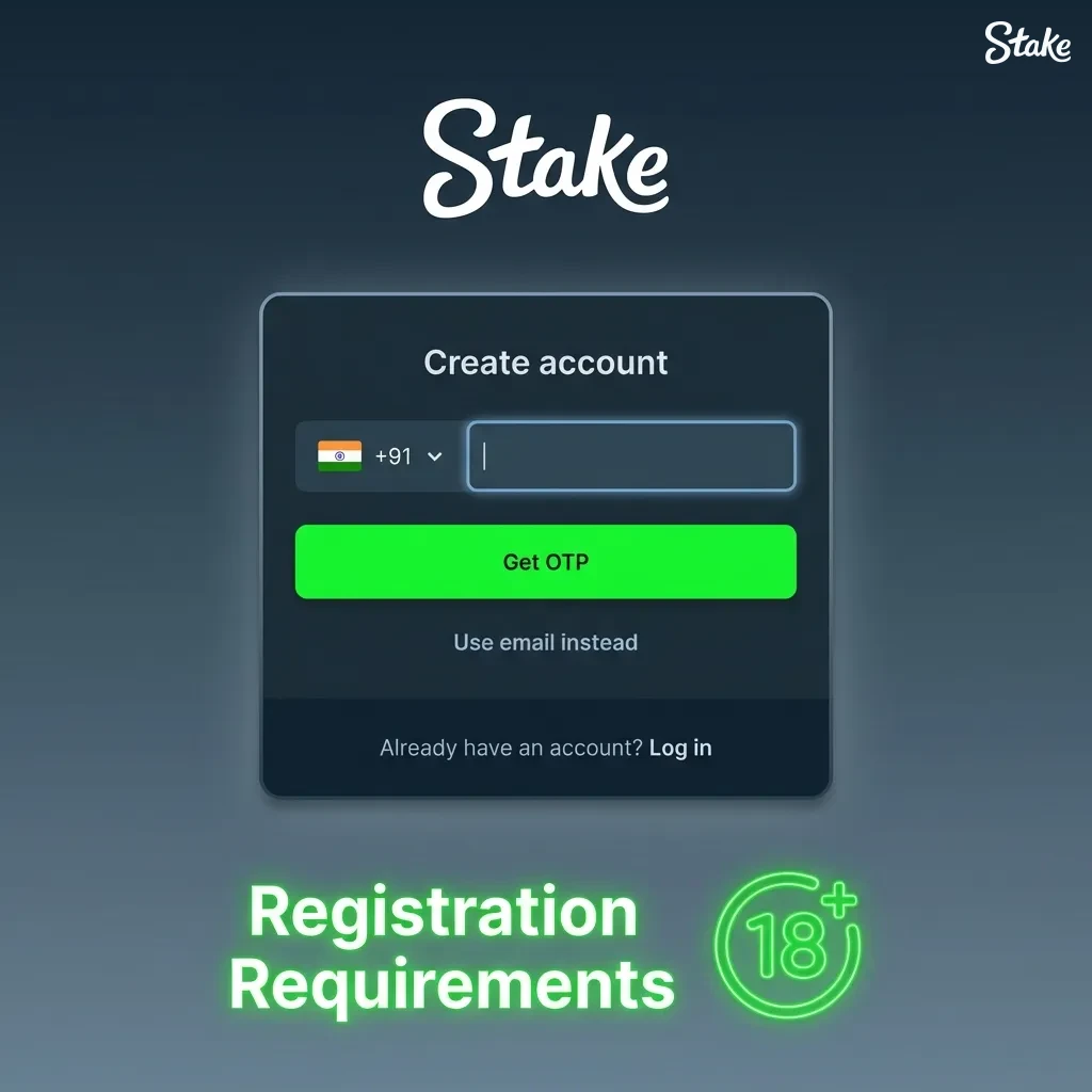 Illustrated checklist of Stake registration rules: age 18+, real details, ID verification, one account, own payment methods.