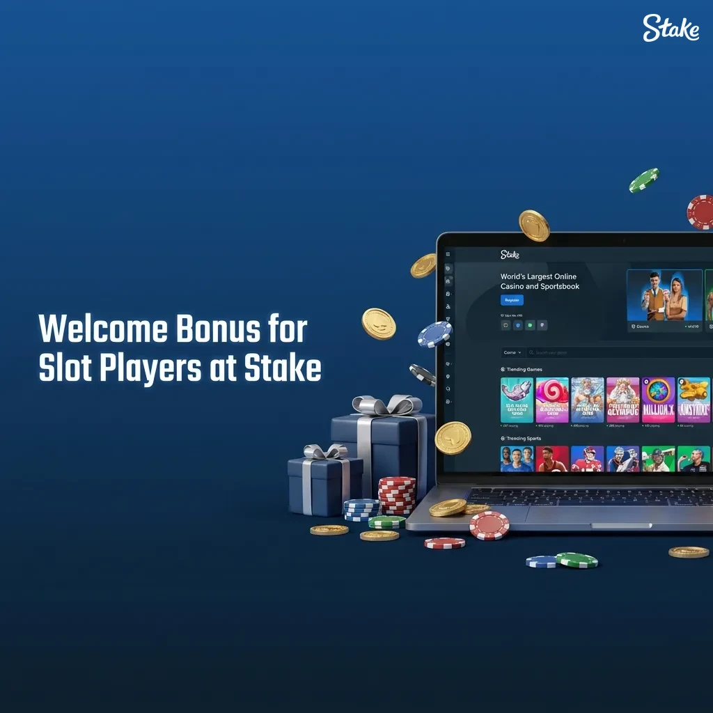 Stake casino welcome bonus banner for slot players, showing 200% first deposit offer and promotions section highlights