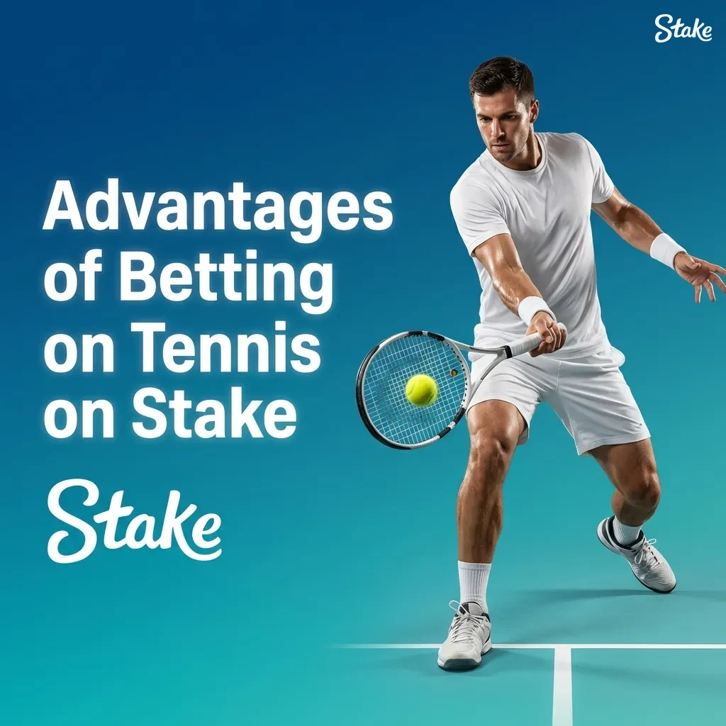 Infographic titled “Advantages of Betting on Tennis on Stake” listing coverage, odds, mobile apps, markets, speed, and safety tools.