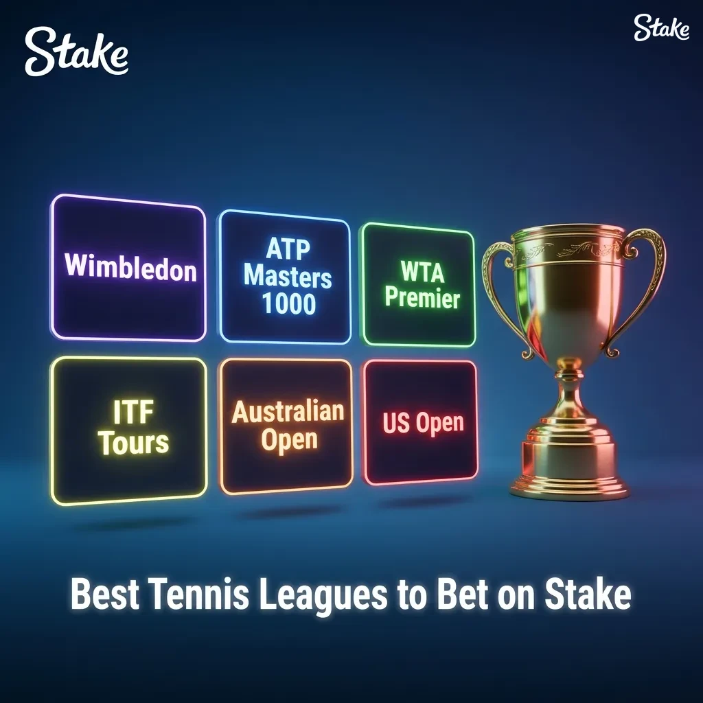 Graphic listing top tennis leagues for betting on Stake, featuring Grand Slams, ATP, WTA, and lower-tier tour events