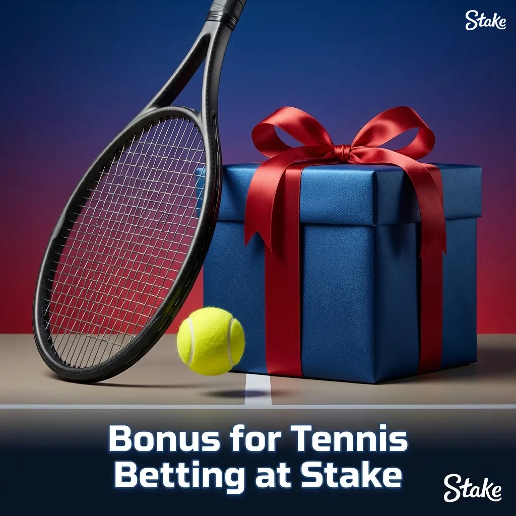 Sports betting banner highlighting Stake tennis welcome bonus with bonus balance, bet credits, and wagering terms.