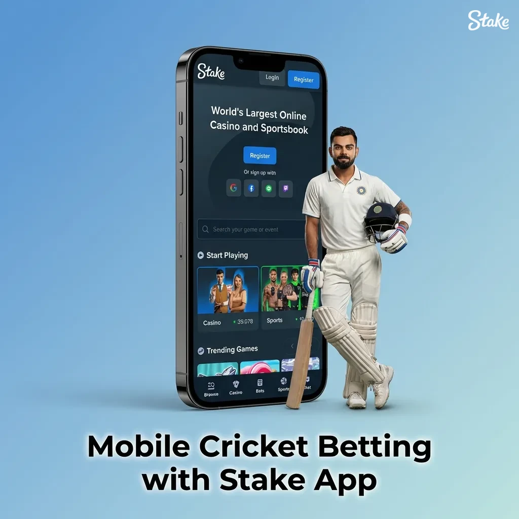 Smartphone screen showing Stake cricket betting app interface with live odds, cashout, and mobile bet slip options